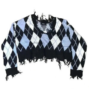 Just Polly Fringe Blue Argyle Plaid Sweater
